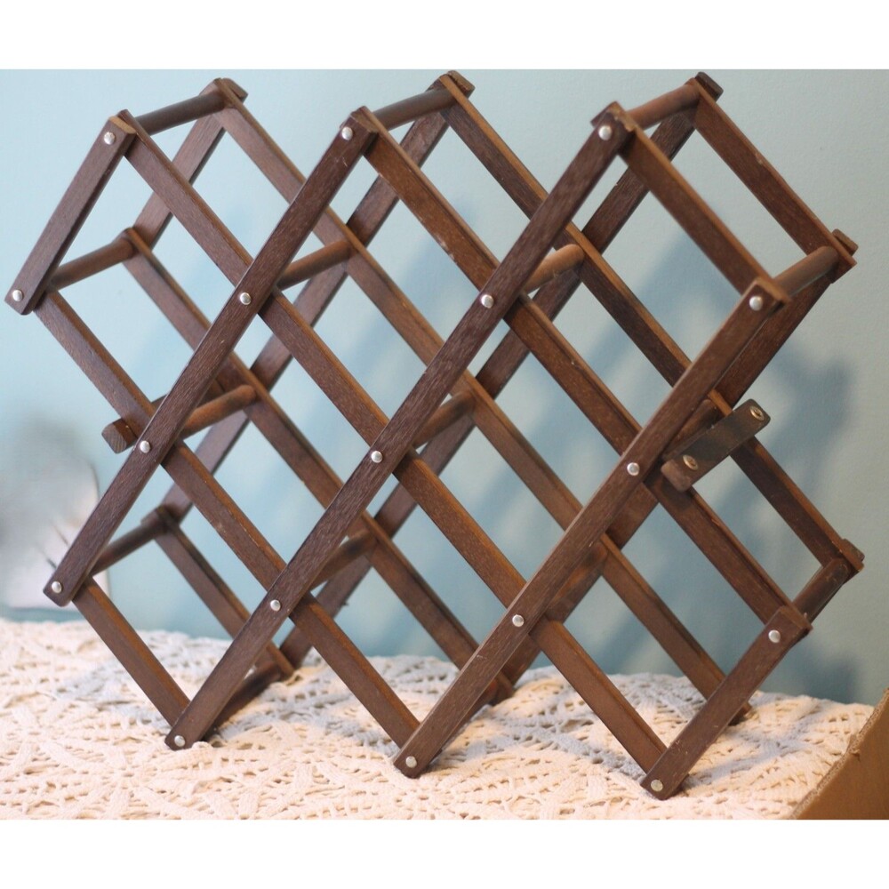 Vintage Wooden Folding Accordion Wine Rack Mid Century Modern Expandable Holds 8